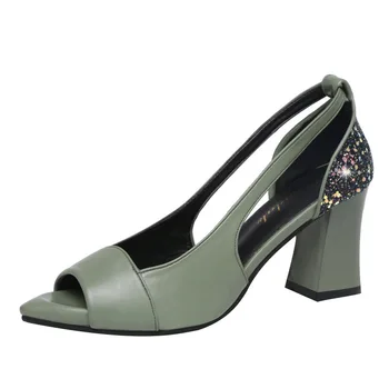 

Women Sandals Summer Thick Heel Sequins Patent Leather Hollow-out Toe-exposed Sexy Shoes Fish Mouth High Heels for Women