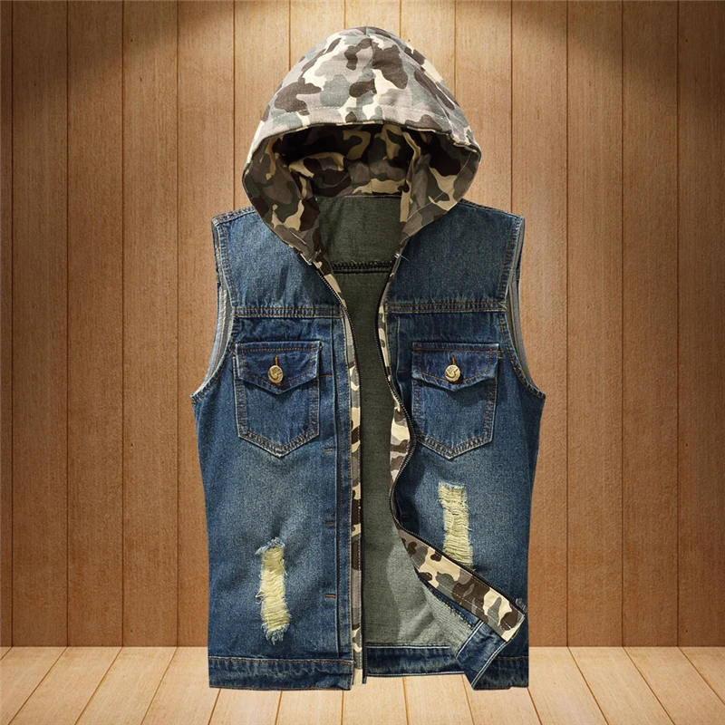 New Fashion Spring Summer Hooded Mens Denim Vest Jacket Men Casual Cowboy Vests Sleeveless Jean