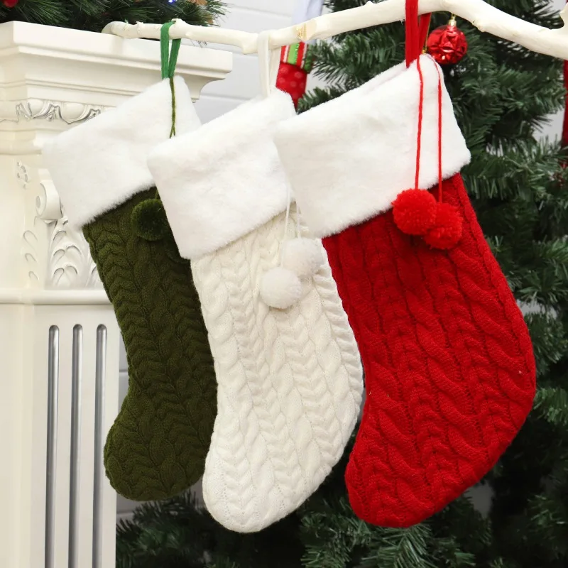 

Christmas Knitted Wool Socks for Kids Gift Holder with Plush Ball Christmas Tree Hanging Stocking Decoration Xmas Home Ornaments