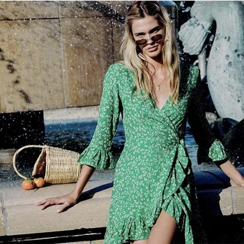 

Women Crossover V-neck Gorgeous Printed Ruffles Wrap Mini Dress Carmel Dress