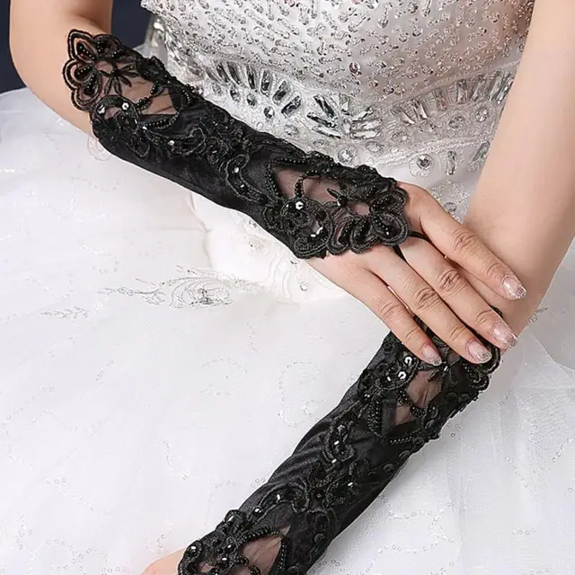 Fashion Lace Long Gloves Black Beading Stretch Fingerless Embroidered Gloves Retro Gothic