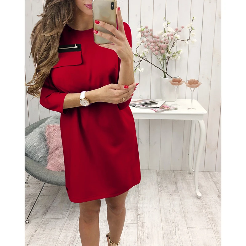 Goedkoop Casual Silm Jurk Lente Herfst O Hals drie Kwart Mouwen Rits Ontwerp Vrouwelijke Effen Kleur Korte Jurk 2018 WS9893E