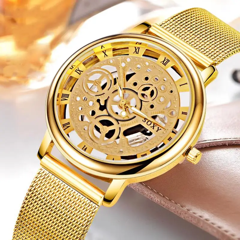 SOXY брендовые золотые серебряные Роскошные полые стальные часы для мужчин ретро Hombre кварцевые наручные часы модные повседневные мужские и женские унисекс Relojes