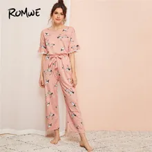 ROMWE Crane Print Lace Trim Woman Pajama Sets Set Half Sleeve Top With Knot Detail Pants Sleepwear Suits Summer Autumn Nightwear ruffle trim knot botanical shell top