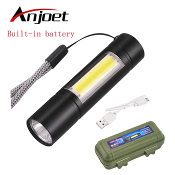 

Anjoet Portable Mini XPE COB LED USB Flashlight Rechargeable Work Built in Battery Torch Light Lamp Lantern USB Cable with Box