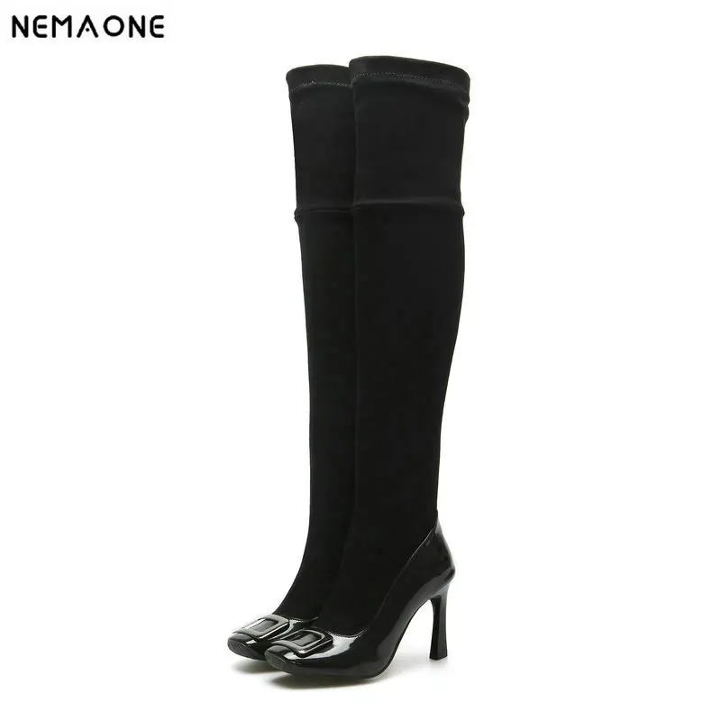 

2019 Ladies high heels boots square toe women over the knee high boots stretch fabric women shoes large size 42 43