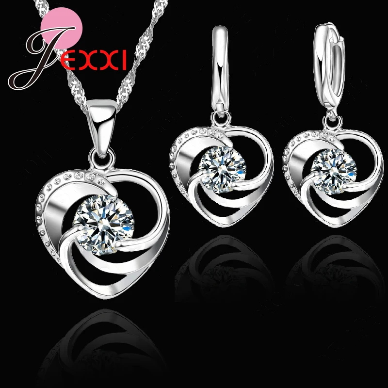 

Top Quality 925 Sterling Silver Wedding Jewelry Set Necklace Earrings For Women Crystal Heart LOVE Anniversary Gift