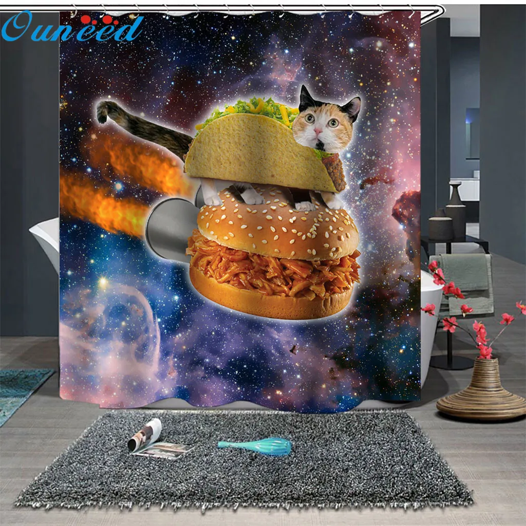 

Ouneed Shower Curtain Multi-element pattern Space Bath/Toilet Curtain with 12 hooks Cat&Scenery Bathroom Shower Curtain 2019 new