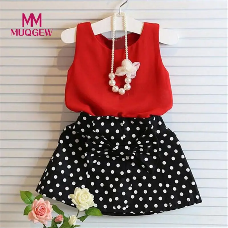 

MUQGEW girls clothing set New Spring Girls Vest Pleated Dress 2Pc Set Clothes Children Skirt Suit chiffon Polka Dot Shirt+Skirt