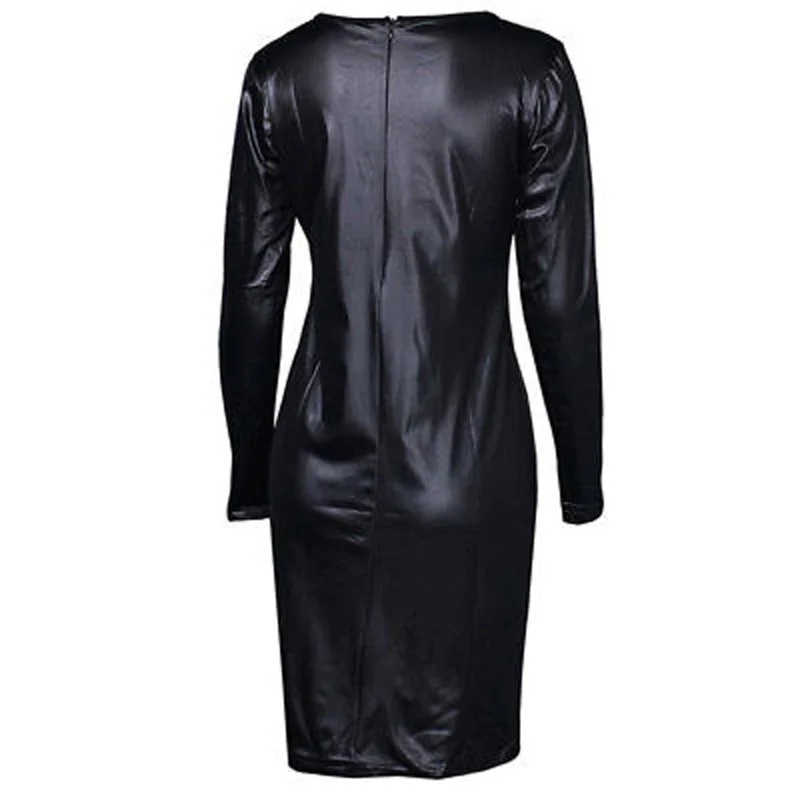 

Women Black Leather Club Bodycon Wet Look Long Sleeve Pencil Party Dress Gothic