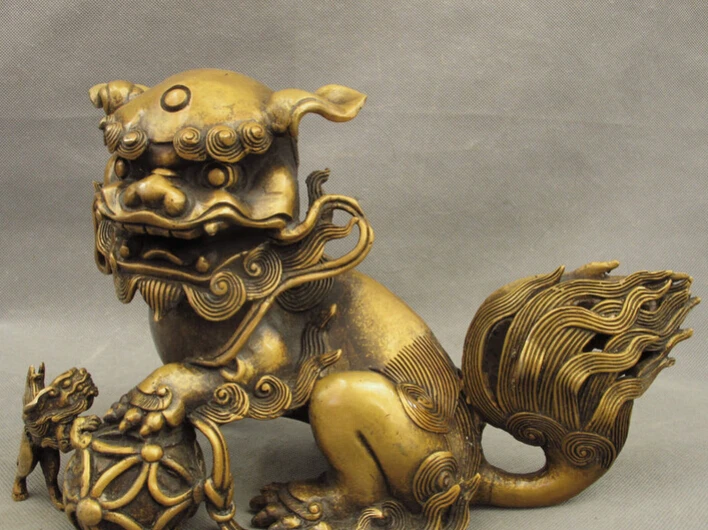 SCY USPS to USA S1422 12" Chinese Bronze FengShui Wealth Foo Fu Dog