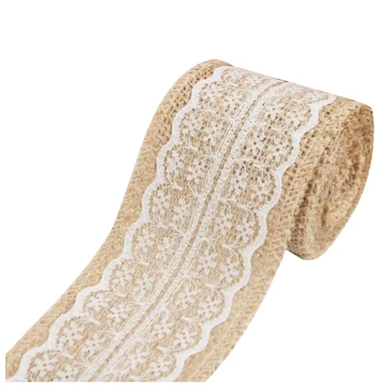 

2M Pretty Lace Edged Hessian Burlap Ribbon Roll for Rustic Wedding Party Decor Color:White