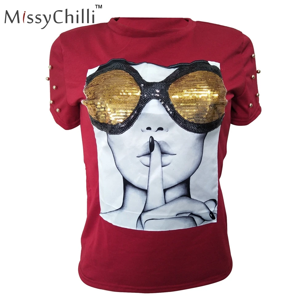 MissyChilli/футболка с коротким рукавом и графическим рисунком лица, с блестками, женская черная Повседневная забавная футболка, женские милые летние футболки размера плюс - Цвет: Бургундия