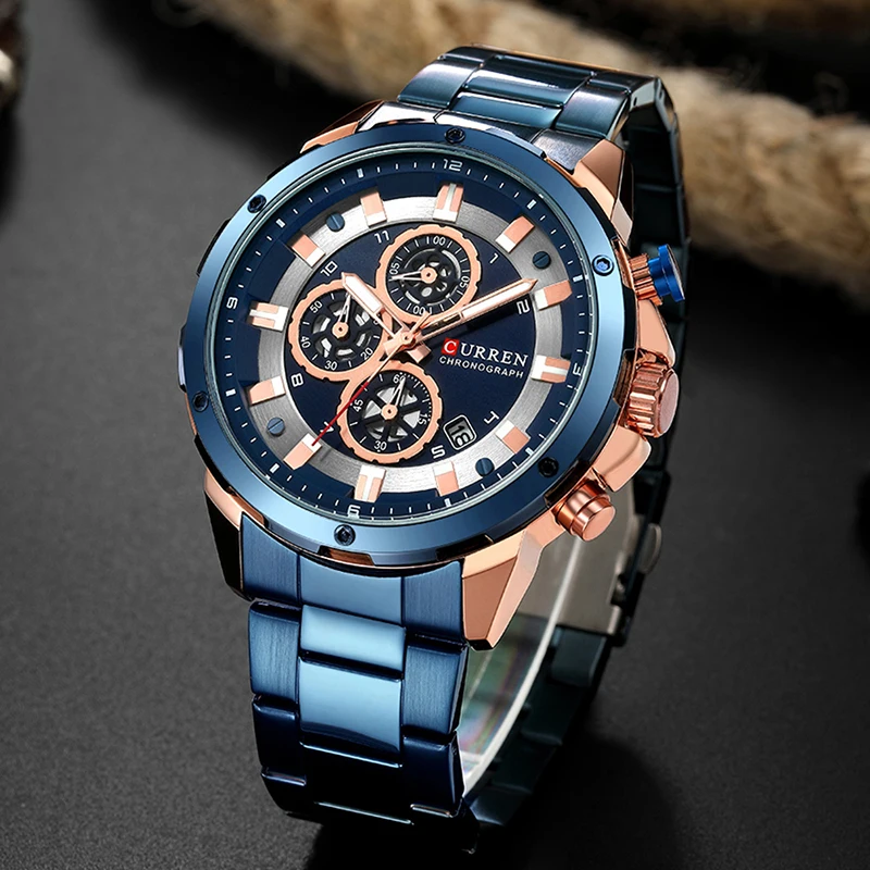 Curren хронограф мужские часы кварцевые синие часы мужские наручные часы из нержавеющей стали водонепроницаемые Роскошные Брендовые мужские часы