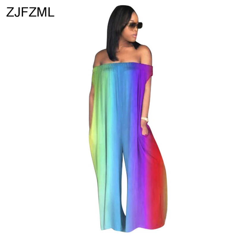 ZJFZML Womens Plus Size Rompers Summer Tie Dye Print Casual Loose Overalls Ladies Backless Off Shoulder Sexy Club Jumpsuits