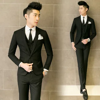 

(jacket+pants+vest) 2017 men suit male singer pure color business formal slim men suit groom party wedding prom dress men suits