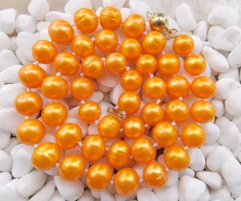

m666 Real 9-10mm Yellow Akoya Cultured Pearl Necklace 18'' solid gold clasp>>> free shipping