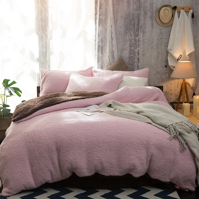 Зимний теплый комплект постельного белья из берберского флиса зеленого, розового, фиолетового, коричневого цветов, флисовая ткань, пододеяльник, простыня/льняные наволочки
