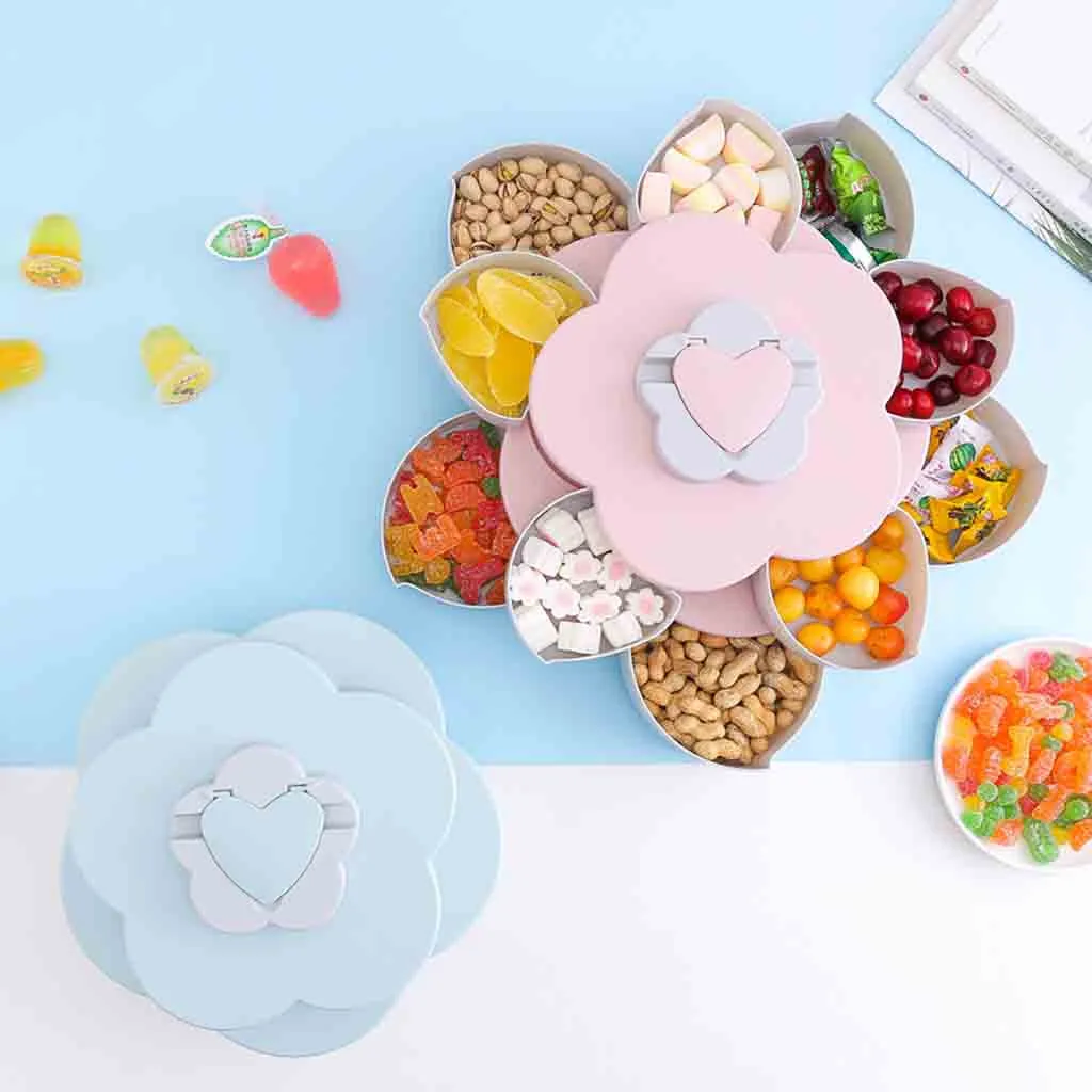 Petal-Shape Rotating Snack Box Candy Plates Double-deck Tray Food Storage Box Wedding Bloom Flower Design Jewelry Organizer