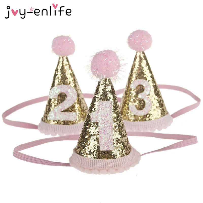 Cute Shiny 1/2/3 Boys Girls Birthday Hats With Hairball Caps Baby Shower Birthday Party Cake Caps Party Photo Props