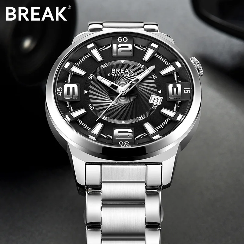 BREAK Men Top Luxury Brand Stainless Steel Band Fashion Casual Analog Quartz Sports Wristwatches Calendar Dress Gift Watches