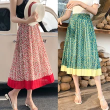 YICIYA Korean Vintage Style Office Women High Waist Elastic Waist Red Floral Print on White A-line Splice Pleated Midi Skirt dark blue midi a line skirt in red floral print
