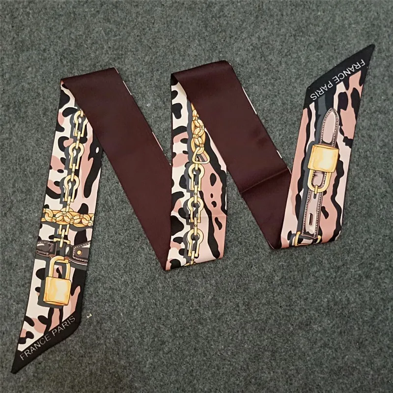 Sciarpa Skinny Leopardata Marrone - Accessorio Multiuso: Cravatta, Fascia Per Capelli, Fiocco Per Borsa - Effetto Seta - 3