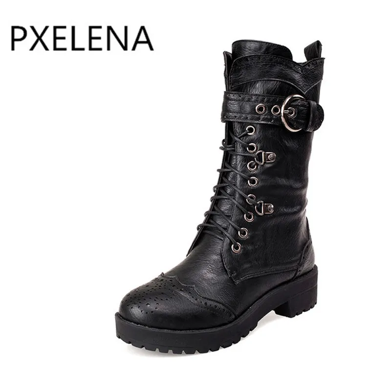 

PXELENA 2017 Vintage Female Motorycle Rivet Buckle Military Boots Womens Combat Martin Lace Up Riding knight Ankle Boots Shoes