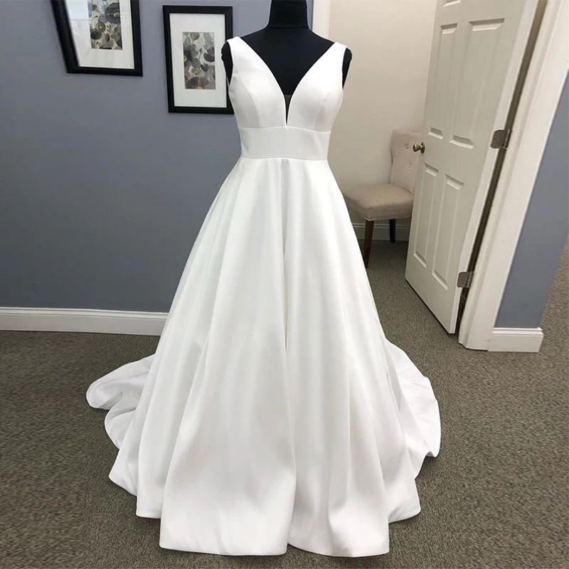 

Simple A-line Wedding Dresses White Ivory Satin Boho Bridal Gowns Zipper Back Chapel Train Custom Made Real Image Wedding Gowns