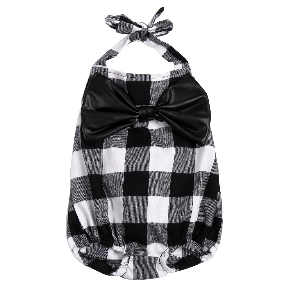 

Summer Baby Girls Romper Plaid Infant Girls Sleeveless Jumpsuit Bow Kids Outfits Clothes for 0-24M Black with White