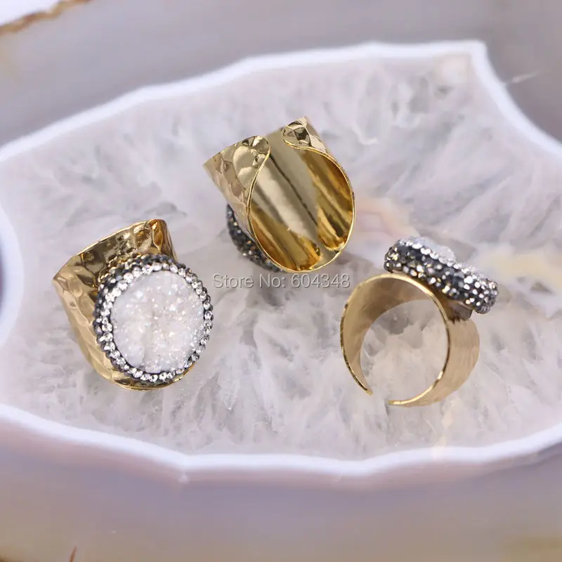 

5pcs Titanium Quartz Stone Ring, Metal Gold color Ring, Pave Setting Crystal Jewelry Finger Gem stone Ring