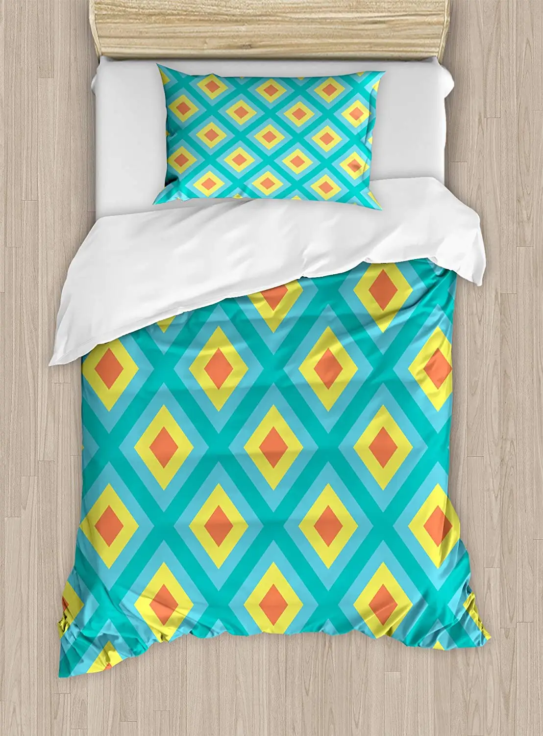 

Yellow and Blue Duvet Cover Set Pattern with Nested Squares Geometric Retro Rhombus Mosaic, Decorative 3 Piece Bedding Set