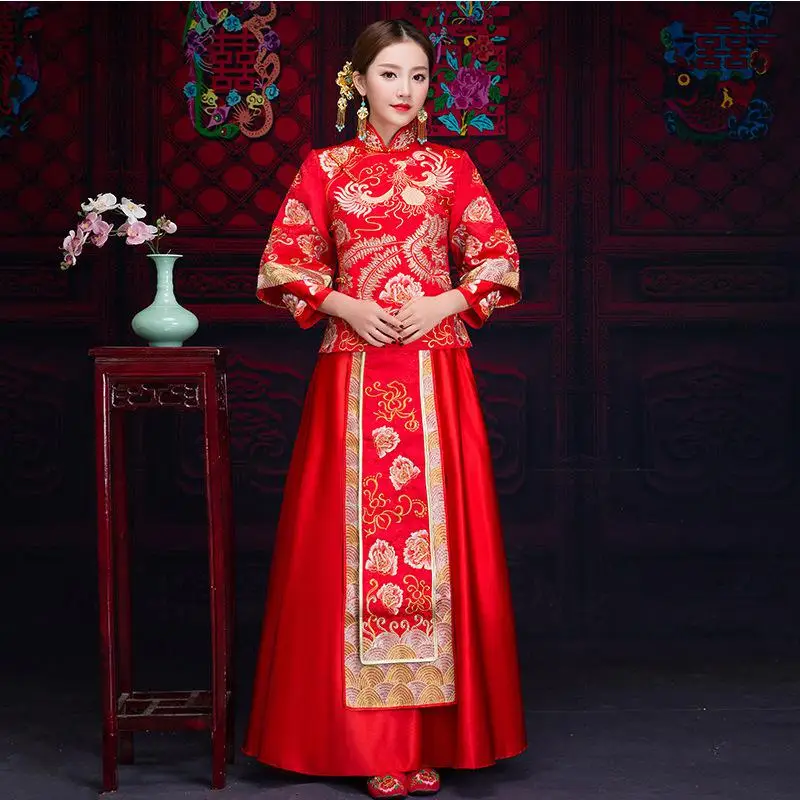Древний свадебный наряд одежда невесты платье традиционное китайское свадебное платье женское Чонсам вышивка феникс красный Ципао - Цвет: Womens - 4