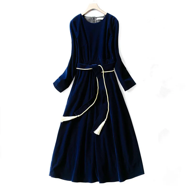 Европейское подиумное платье женское весенне-осеннее высококачественное винтажное вельветовое платье макси с О-образным вырезом и длинным рукавом размера плюс 3XL