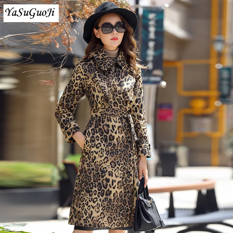 Длинное пальто для женщин с леопардовым принтом ветровка поясом 2019|trench coat for