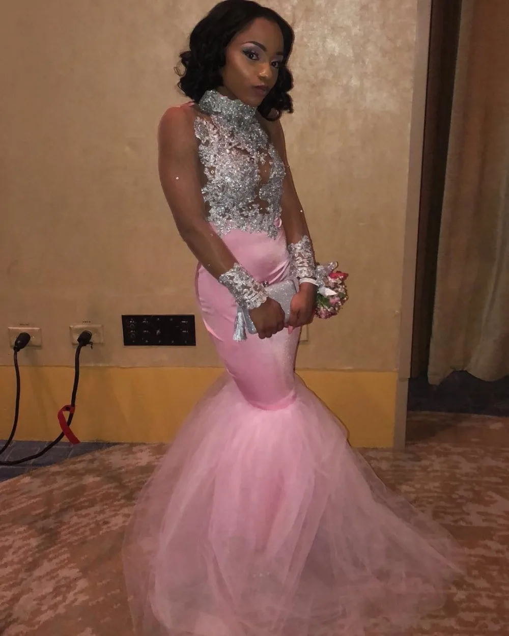 pink mermaid style prom dress
