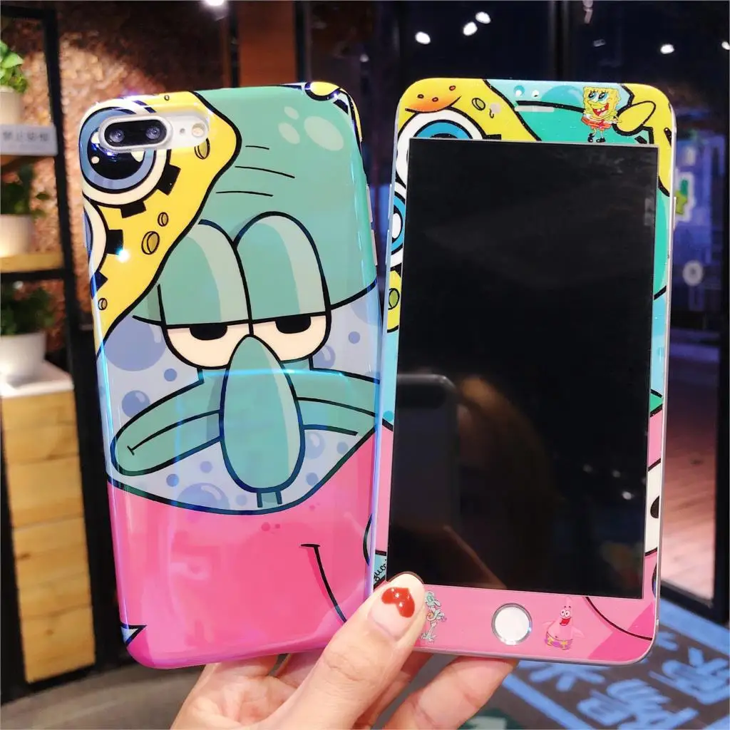 

RLENDA 3D Curved Edge Screen Protector Tempered Glass+TPU Cover Case For iPhone 7 8 6 6s Plus X XS Max XR SpongeBob SquarePants