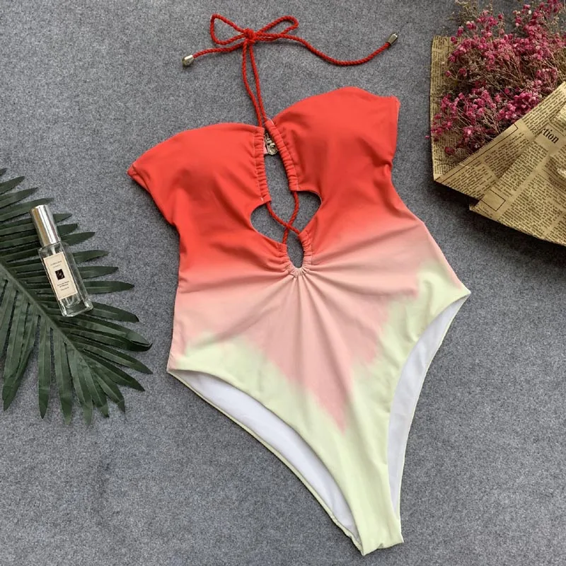 

2019 Sexy Gradient Bandage One Piece Women Swimsuit Bathing Suit V Neck Beach Swim Wear Swimwear Swimming Suit Monokini 5085