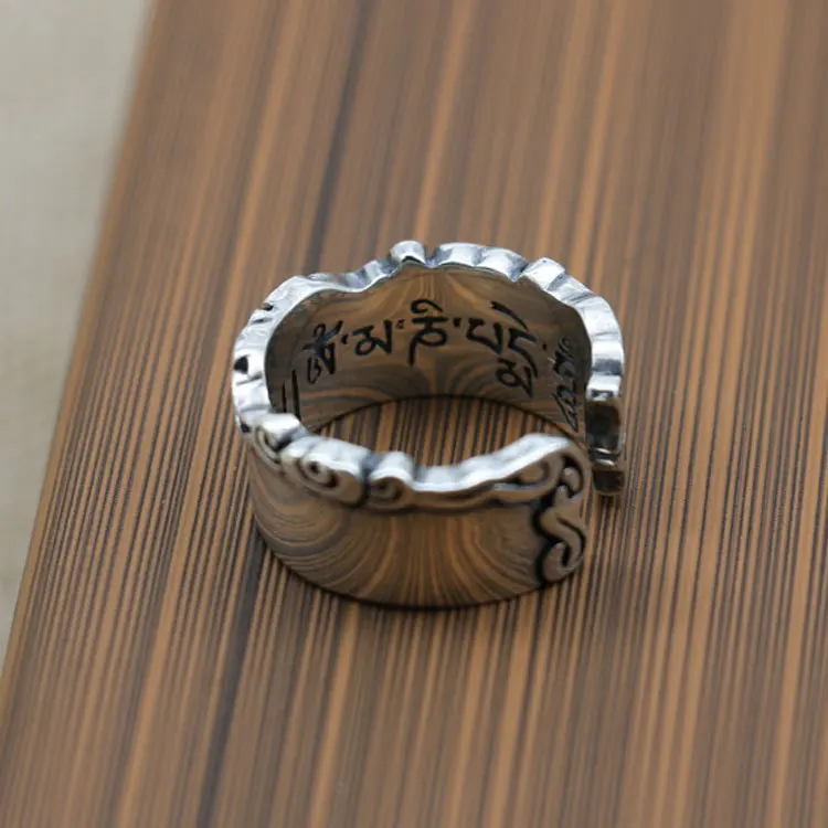 Maschio Retro S925 Sterling Silver Ring Open Ended Thai Argento Buddismo Sanscrito Testo Scritture Anello