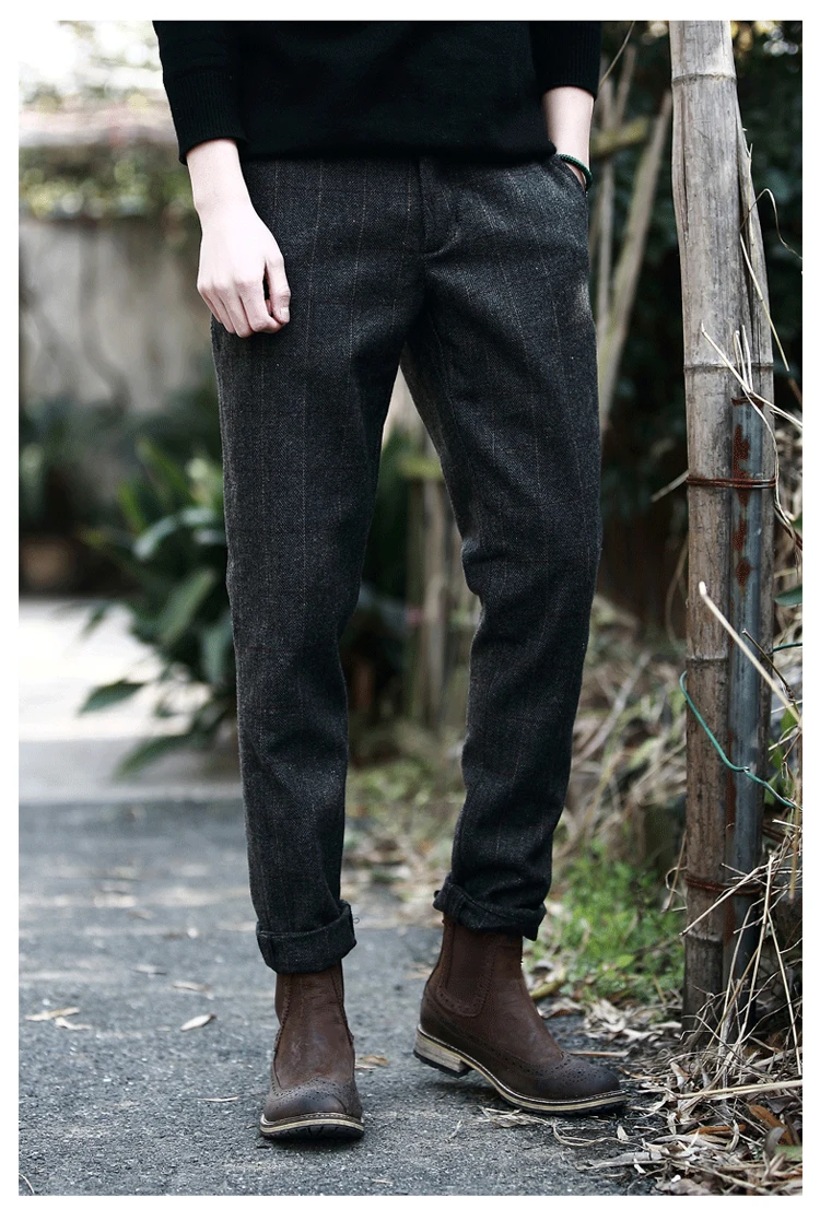 Мужские Клетчатые Шерстяные брюки в винтажном британском стиле, осенне-зимние облегающие толстые теплые шерстяные повседневные брюки, мужские брюки A5096