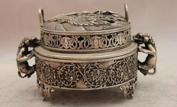 

Collectible bronze lion statue S1010 China White Copper Silver Dragon Phoenix Foo Dog Lion Bat Incense Burner Censer
