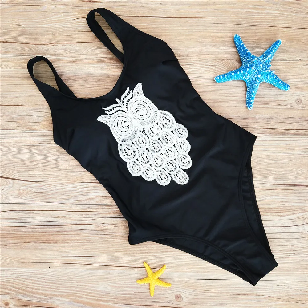 Bonitakinis Black White Lace Beaded Owl One Piece Swimsuit Swimwear