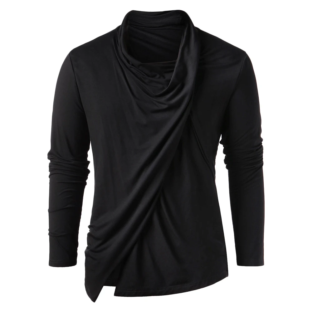 New 2018 Popular men Asymmetric Heaps Collar Solid T shirt Cowl Neck