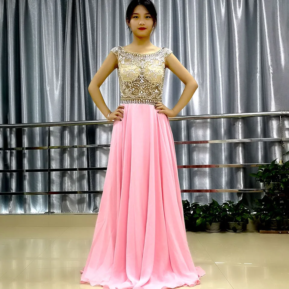 

Beautiful O-neck Sleeveless Beaded Plus Size Pink Evening Dress Long 2018 Vestido de noche