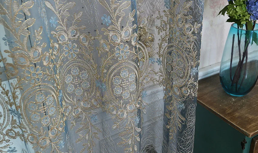 Роскошная занавеска в европейском стиле с голубым гнездом, прозрачная ткань для окна, спальни, вуаль с вышивкой, занавеска, занавеска, Cortinas, M085#30