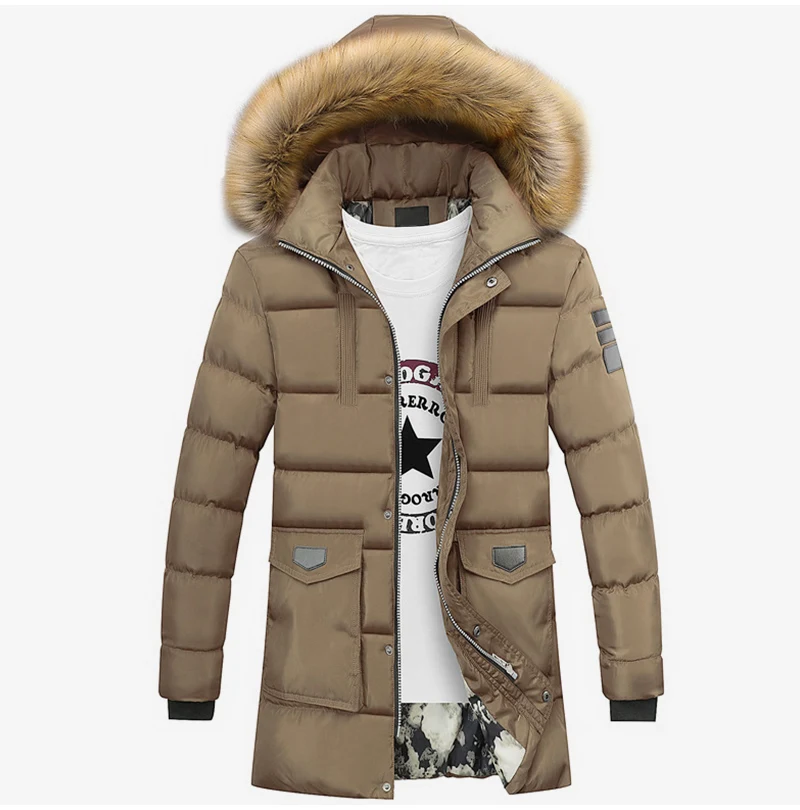 Зимний мужской теплый пуховик с меховым воротником и хлопковой подкладкой, Длинные мужские парки, повседневное плотное пальто со съемным капюшоном, верхняя одежда размера плюс