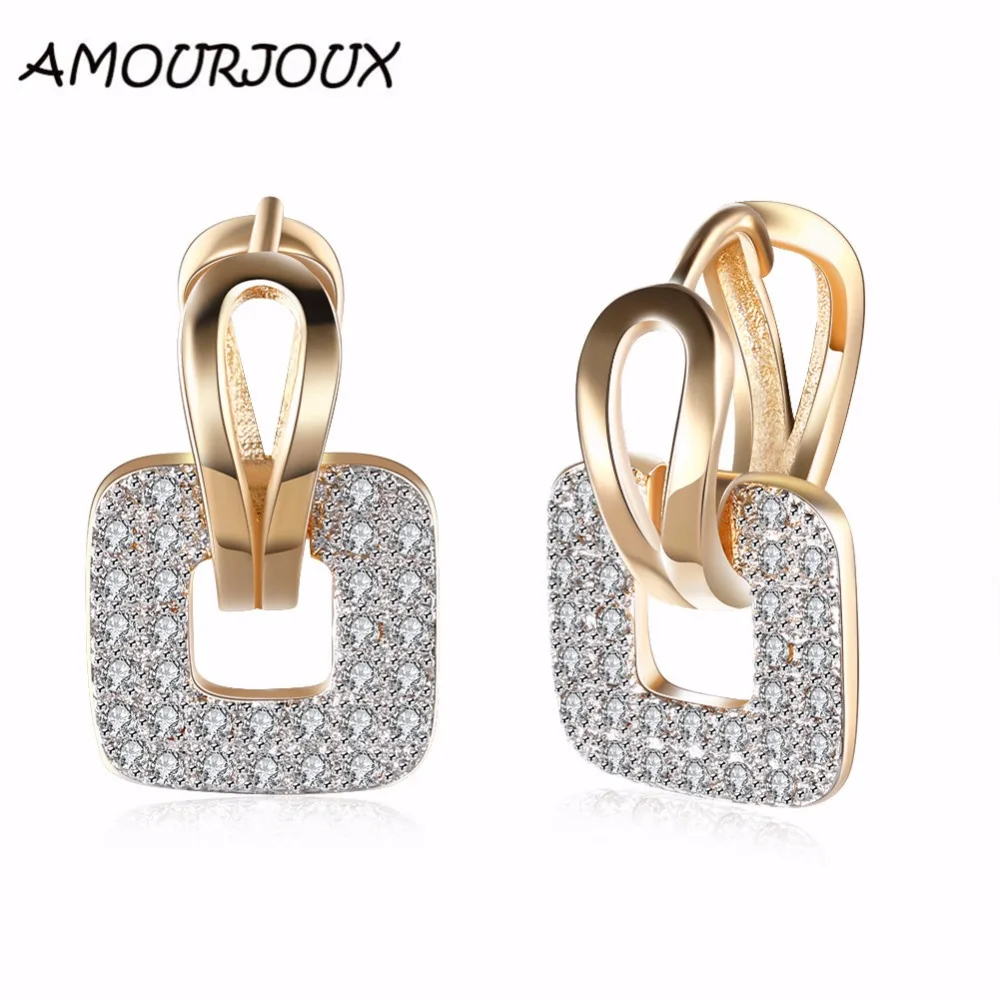 

AMOURJOUX White/Gold Color Full Zircon Filled Square Clip Earrings For Women Ear Cuff Clips On Earring Female Hoops