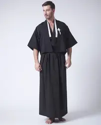 Черный японский Для мужчин кимоно с Оби традиционная сценического танца юката Конвенции костюм один размер