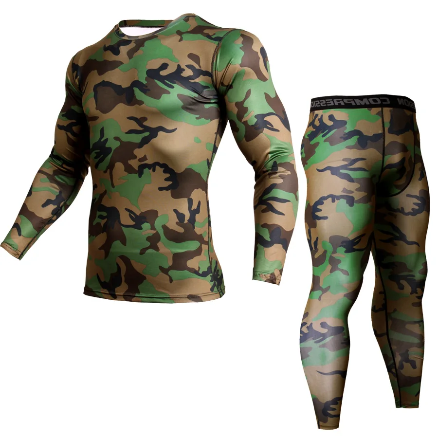 

Camouflage men's suit rashgard male kit MMA compression clothing male long sleeves tshirt+leggings 2 piece tracksuit men