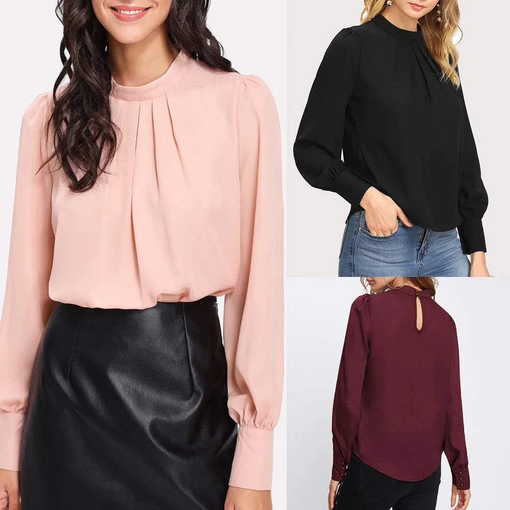 

Autumn Fashion Casual Daily Solid Women Long Sleeve Stand Neck Chiffon Causal Loose Top Tunic Blouse Shirt Drop Shipping